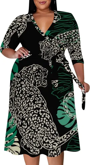 Women's Plus Size Dress 3/4 Sleeves Sexy Deep V Neck African Art Pattern Print Midi Dress with Belt for Curvy Women