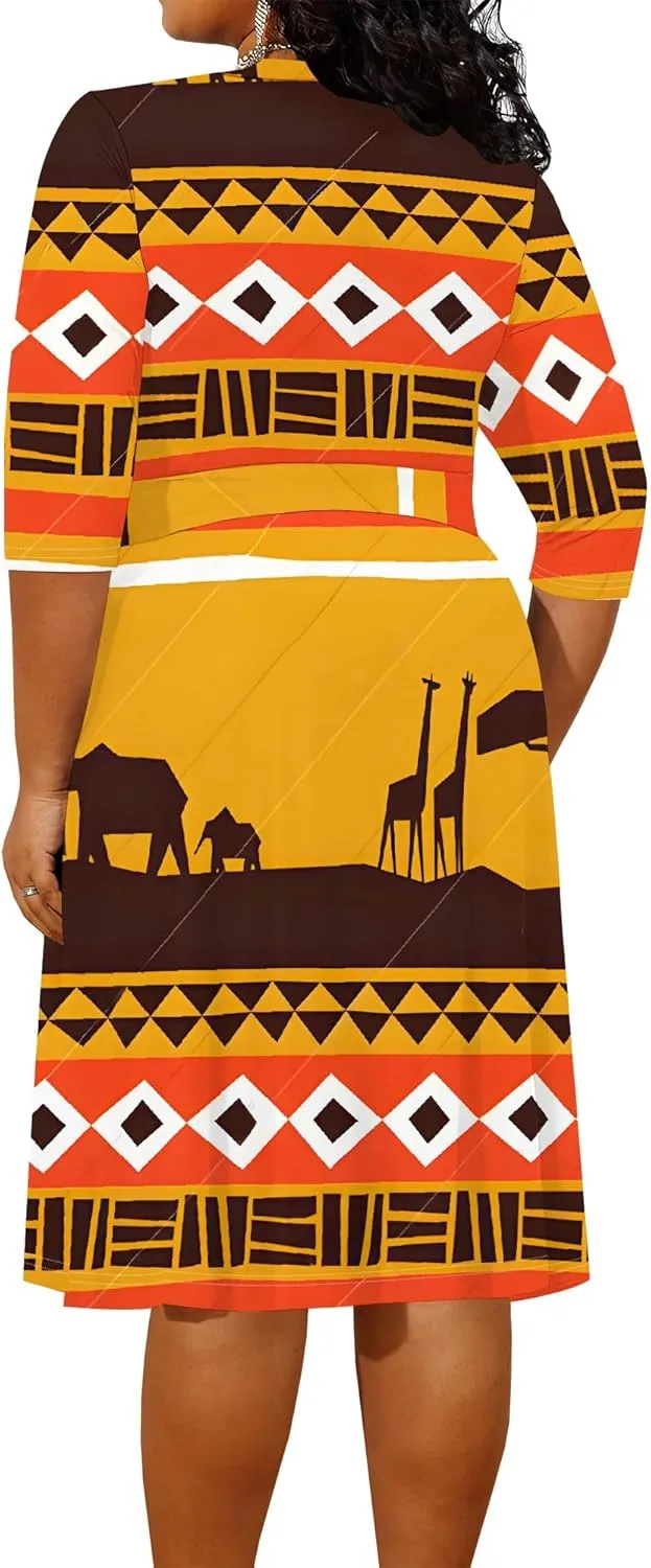 Women's Plus Size Dress 3/4 Sleeves Sexy Deep V Neck African Art Pattern Print Midi Dress with Belt for Curvy Women