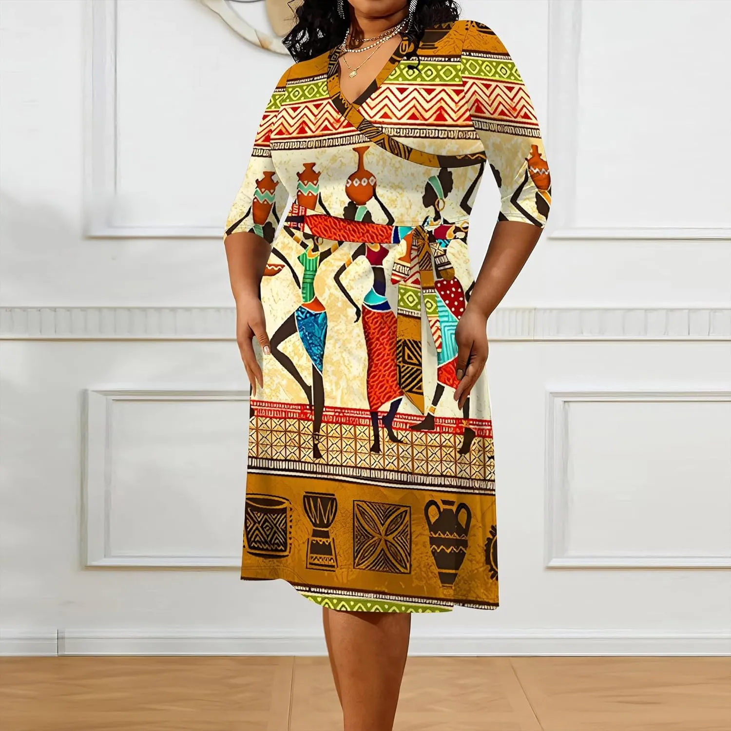 Women's Plus Size Dress 3/4 Sleeves Sexy Deep V Neck African Art Pattern Print Midi Dress with Belt for Curvy Women
