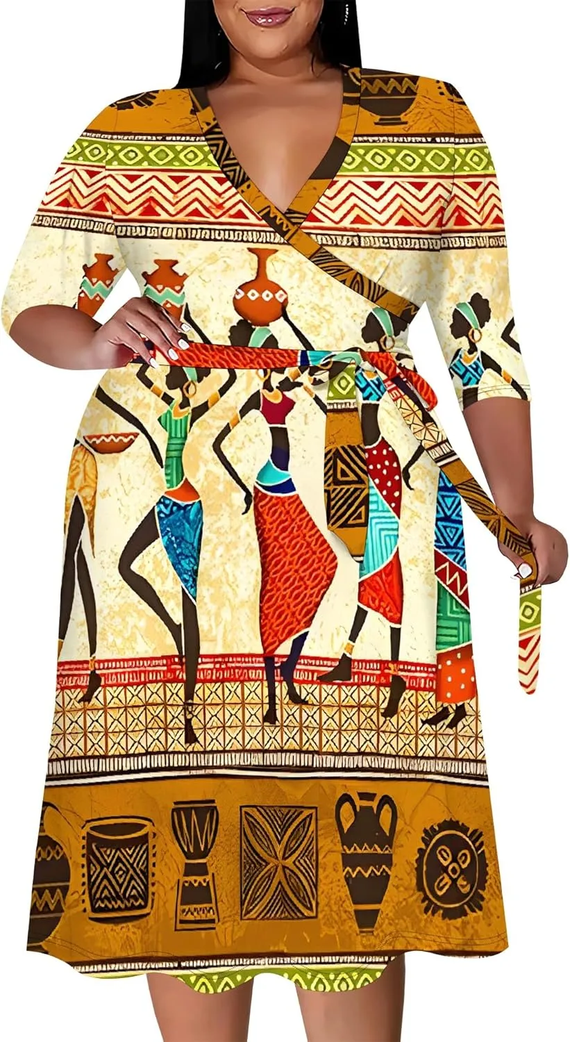 Women's Plus Size Dress 3/4 Sleeves Sexy Deep V Neck African Art Pattern Print Midi Dress with Belt for Curvy Women