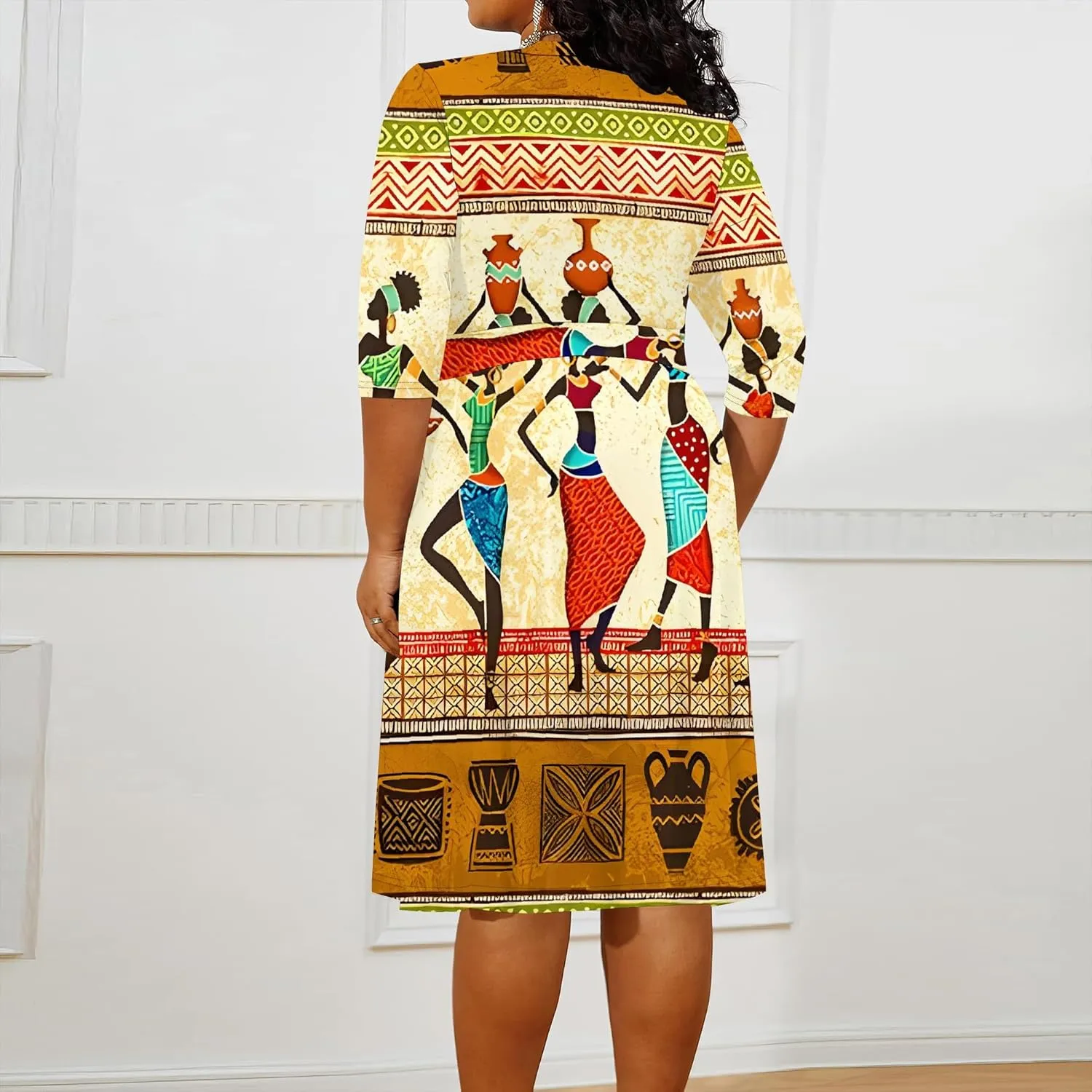 Women's Plus Size Dress 3/4 Sleeves Sexy Deep V Neck African Art Pattern Print Midi Dress with Belt for Curvy Women