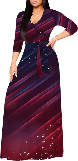 Women's Plus Size Summer Dress Sexy V Neck Midi Dress Floral Flowing Maxi Dress Ombre Casual Sundress with Belt