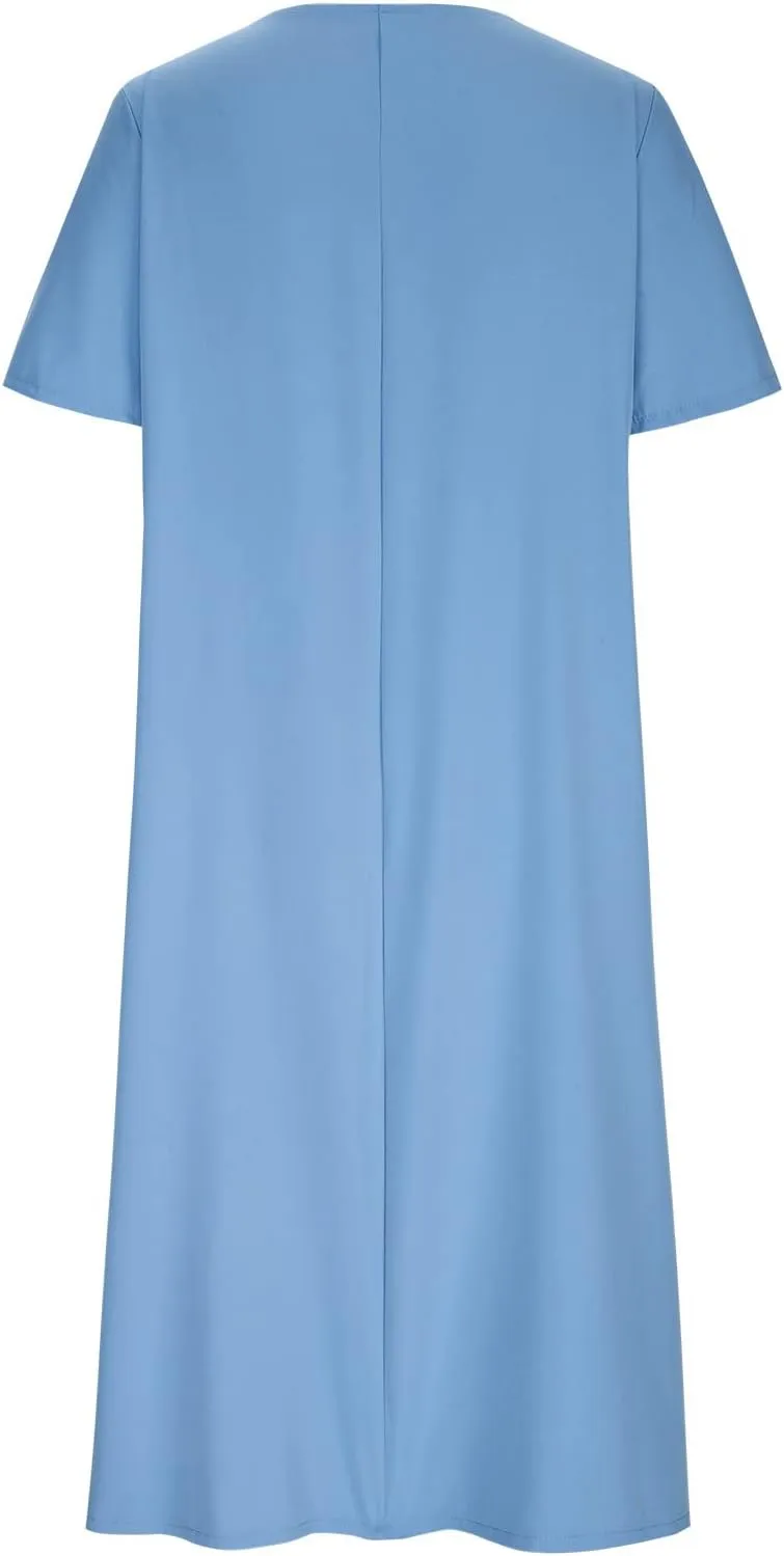 Women's Plus Size Summer Midi Dresses Short Sleeve Casual Loose Plain A Line Pleated Flowy Long Dress with Pockets