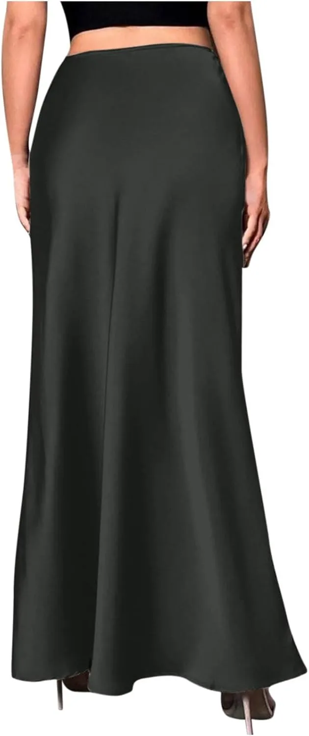 Women's Satin Elegant Long Skirt High Waist Hidden Silk Dressy Maxi Skirts Elastic Waist Flared Casual A Line Skirt