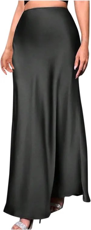 Women's Satin Elegant Long Skirt High Waist Hidden Silk Dressy Maxi Skirts Elastic Waist Flared Casual A Line Skirt