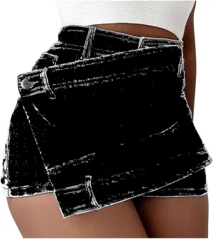 Women's Sexy Mini Denim Skirts Short Jean Skirt Irregular with Pockets Bodycon Denim Skirt Summer Vintage Streetwear