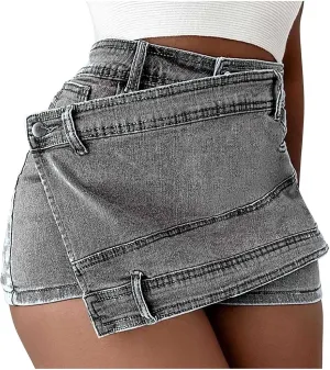 Women's Sexy Mini Denim Skirts Short Jean Skirt Irregular with Pockets Bodycon Denim Skirt Summer Vintage Streetwear