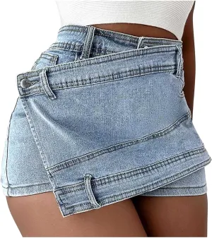 Women's Sexy Mini Denim Skirts Short Jean Skirt Irregular with Pockets Bodycon Denim Skirt Summer Vintage Streetwear