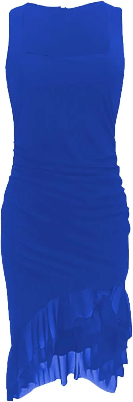 Women's Sexy Ruched Bodycon Midi Dresses Square Neck Sleeveless Side Split Ruffle Hem Cocktail Party Club Dresses
