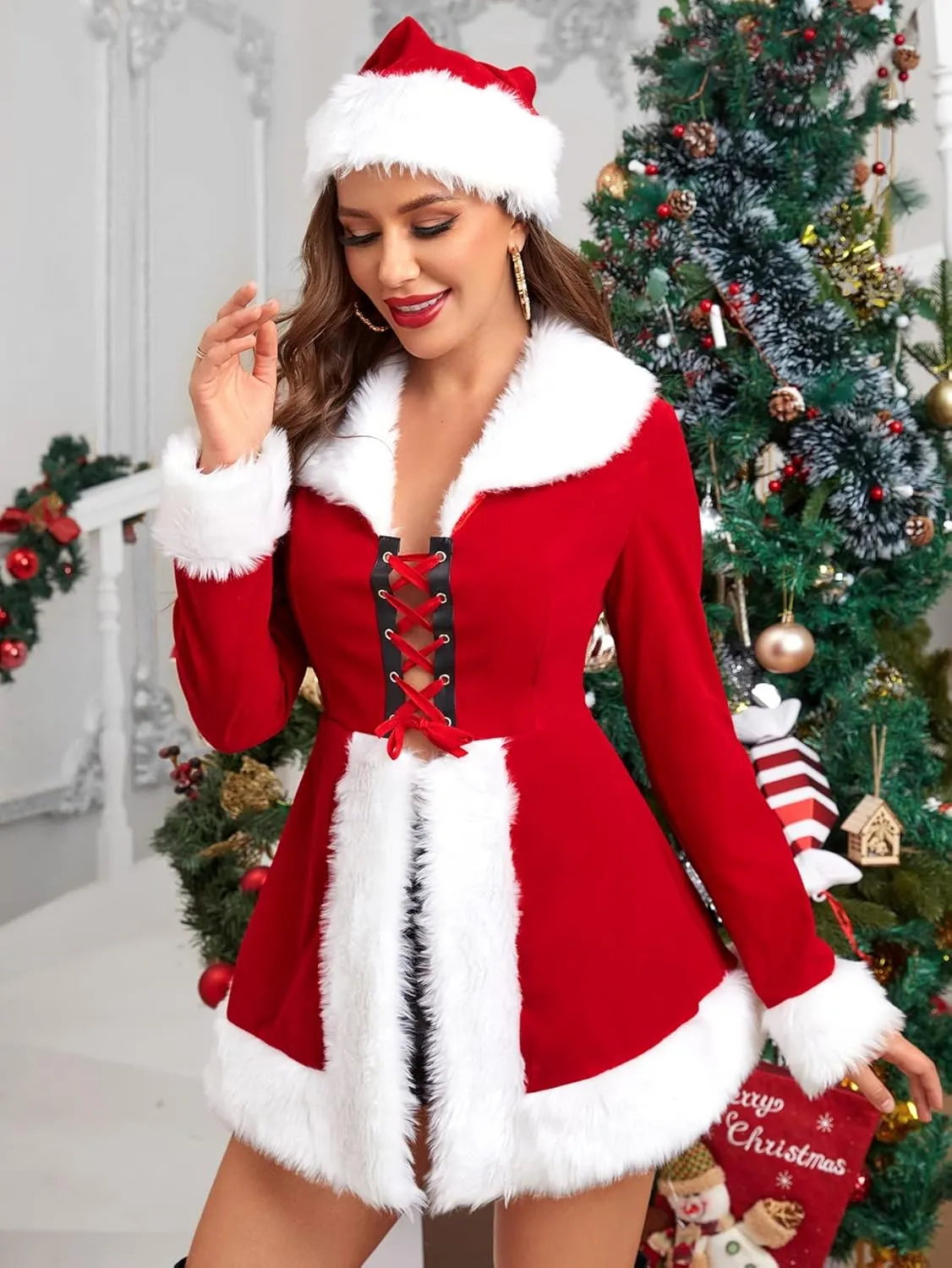 Women's Sexy Santa Costume Cosplay Mrs Claus Costume Cloak Top Cape Dress Pants Christmas hat Halloween Costume