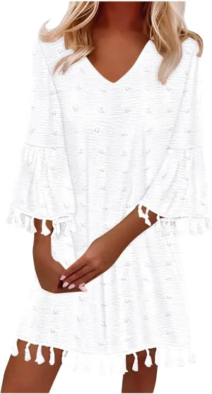 Women's Summer Boho Beach Dresses Fashion V Neck Half Sleeve Jacquard Tassels Loose Fit Short Dress
