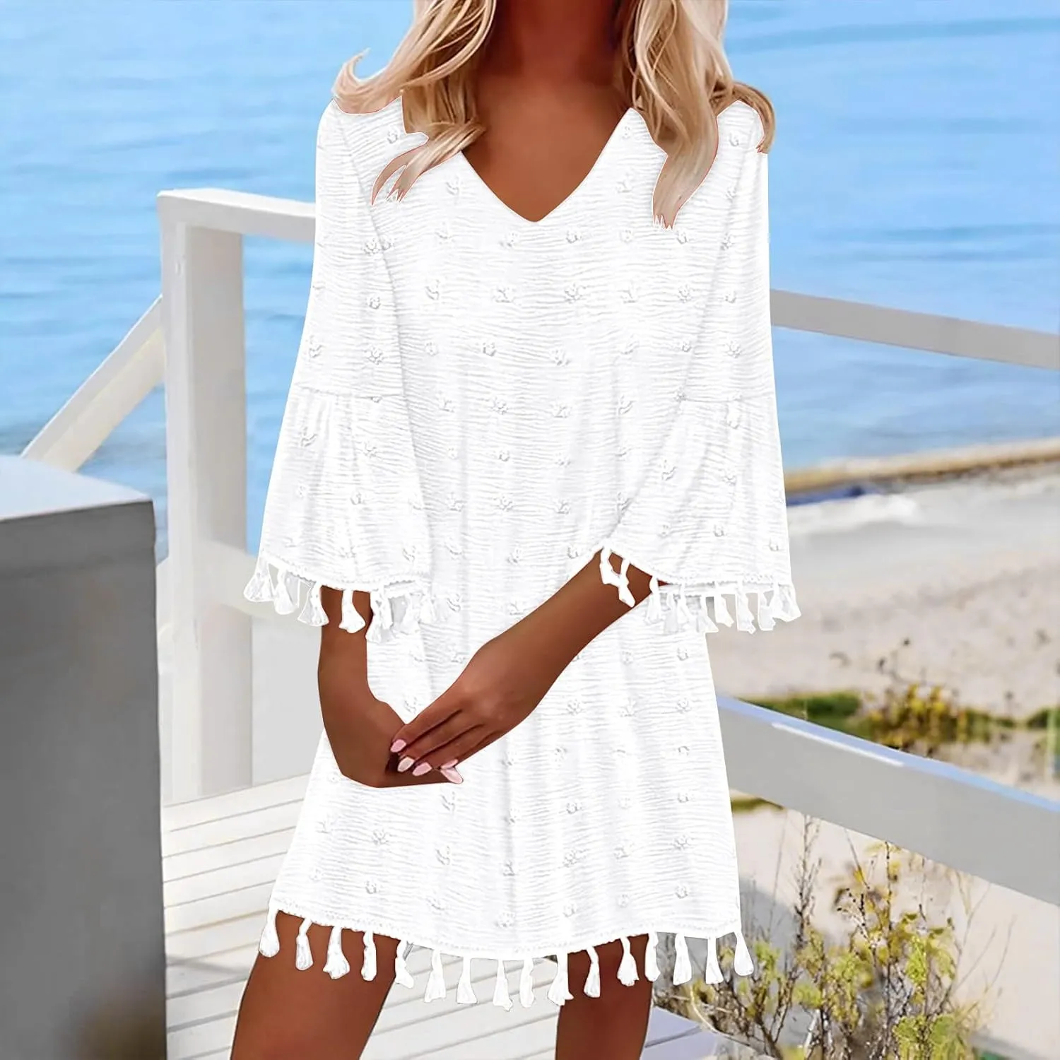 Women's Summer Boho Beach Dresses Fashion V Neck Half Sleeve Jacquard Tassels Loose Fit Short Dress