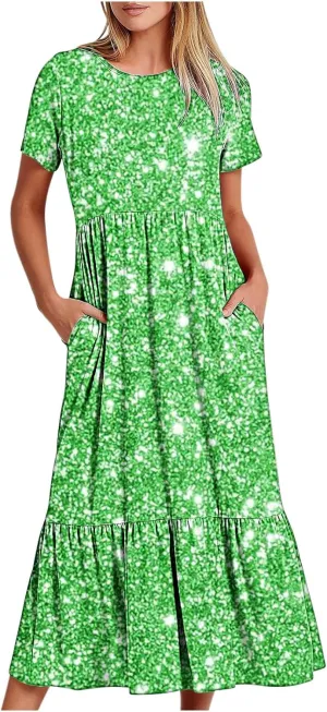 Womens Summer Casual Short Sleeve Vacation Long Dress Gradient Flowy Tiered Maxi Beach Dress with Pockets