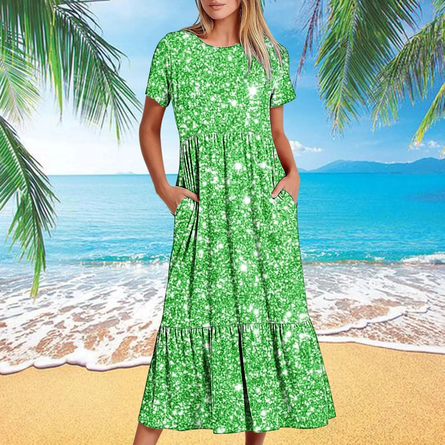 Womens Summer Casual Short Sleeve Vacation Long Dress Gradient Flowy Tiered Maxi Beach Dress with Pockets