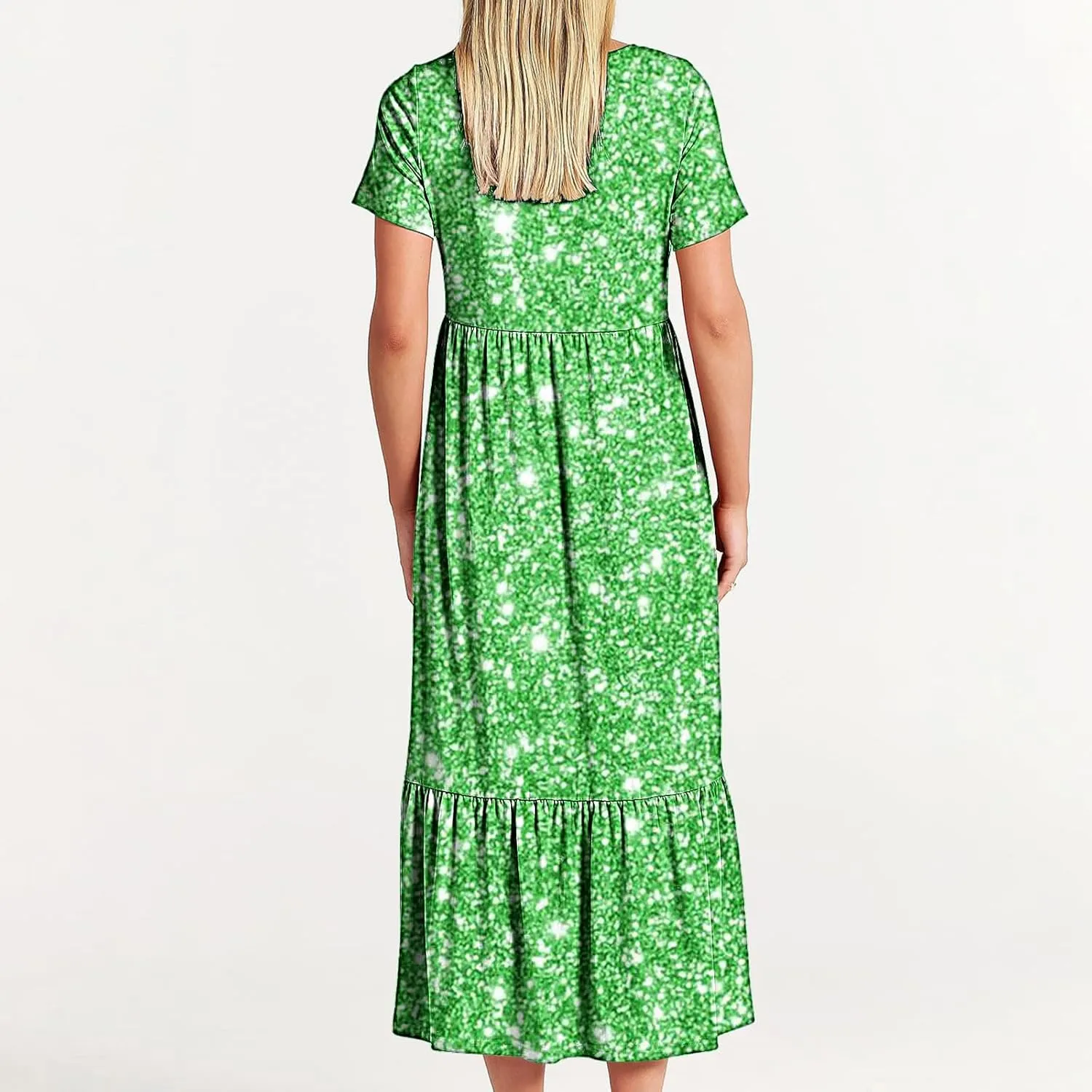 Womens Summer Casual Short Sleeve Vacation Long Dress Gradient Flowy Tiered Maxi Beach Dress with Pockets