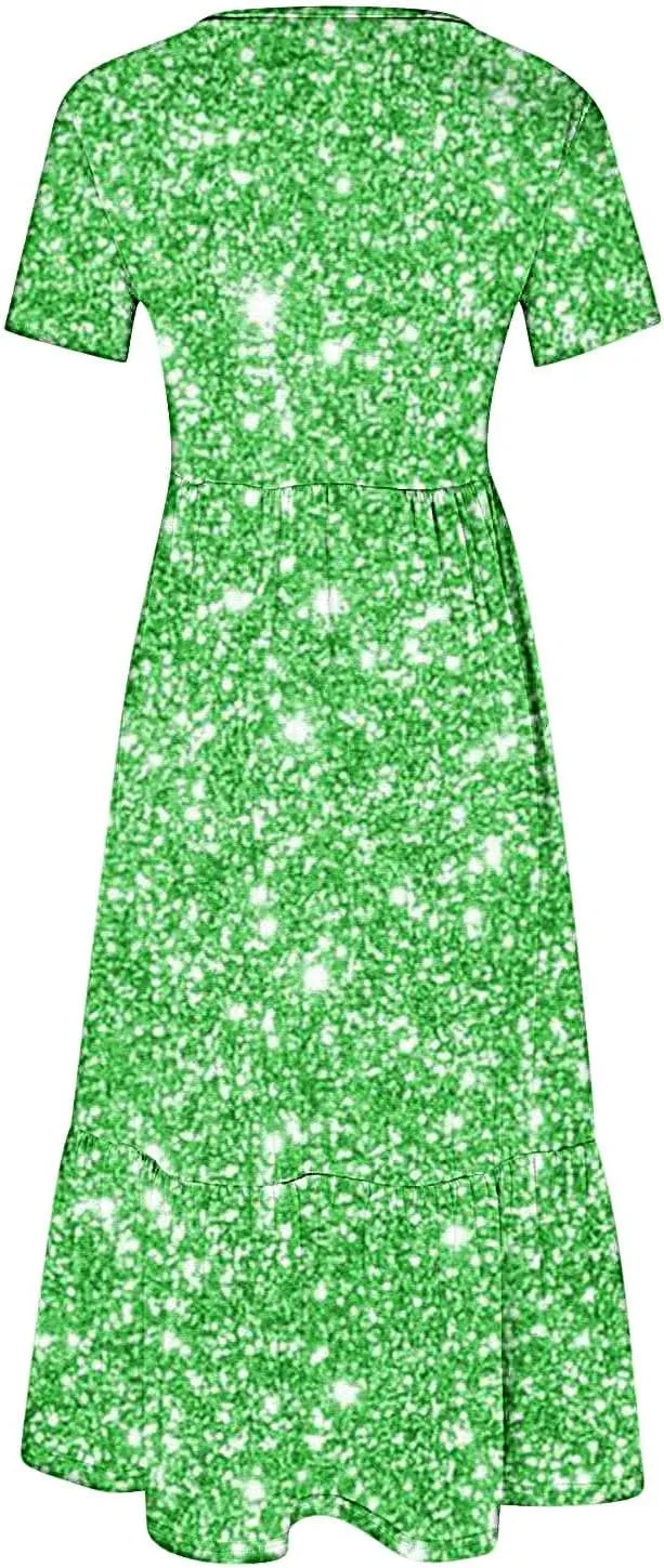 Womens Summer Casual Short Sleeve Vacation Long Dress Gradient Flowy Tiered Maxi Beach Dress with Pockets