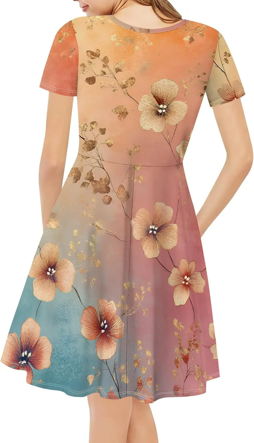 Women's Summer Dress Casual Swing Ombre Floral Dress Ruffle Short Sleeve Tank Dress Beach Mini A-Line Skirt 2025