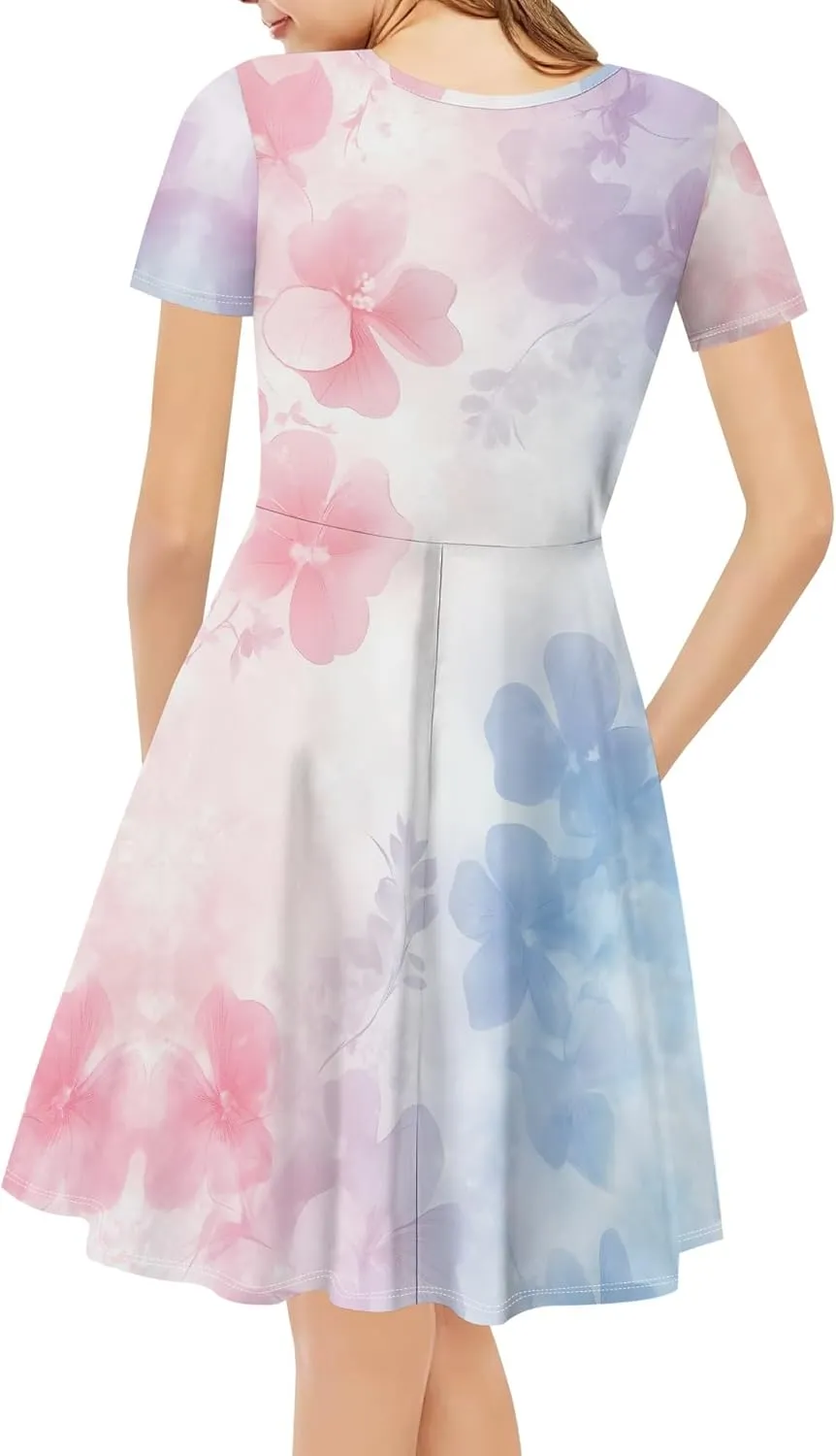 Women's Summer Dress Casual Swing Ombre Floral Dress Ruffle Short Sleeve Tank Dress Beach Mini A-Line Skirt 2025