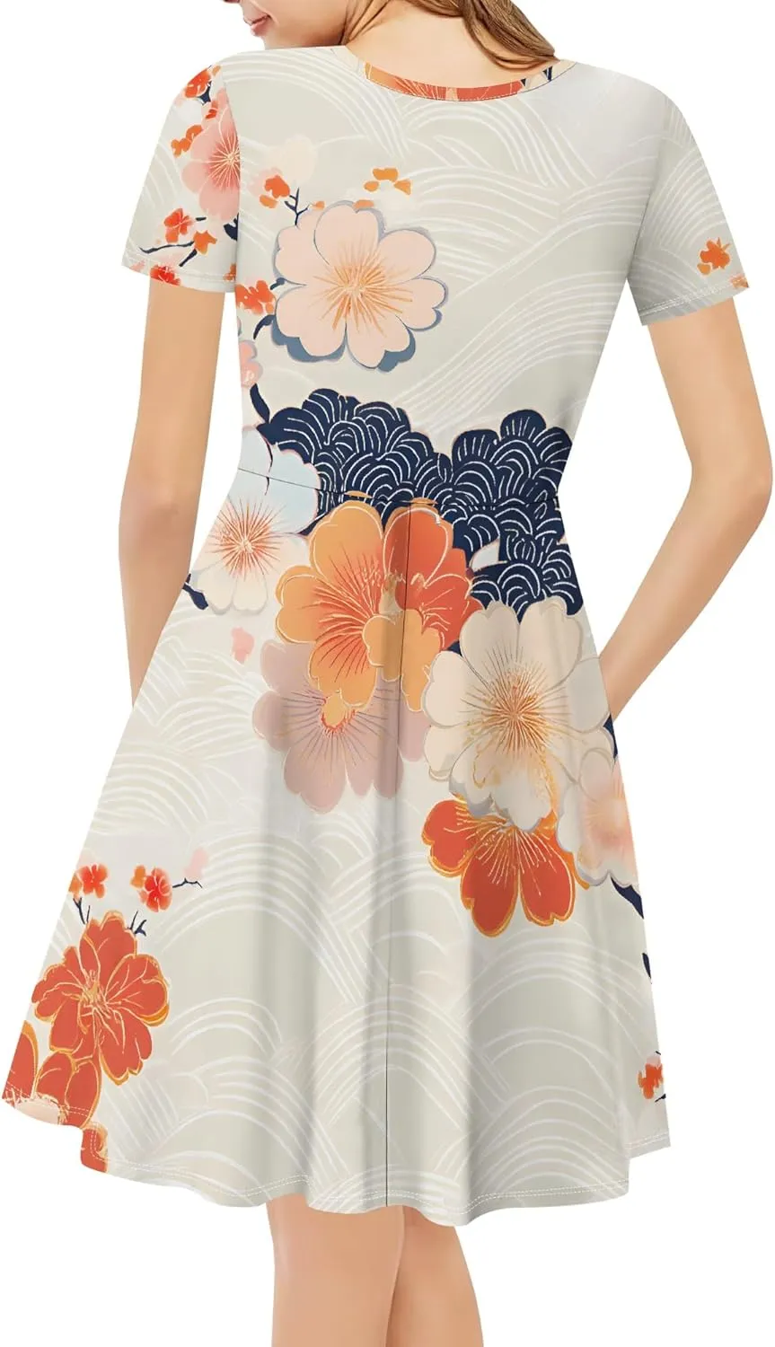 Women's Summer Dress Casual Swing Ombre Floral Dress Ruffle Short Sleeve Tank Dress Beach Mini A-Line Skirt 2025