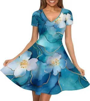 Women's Summer Dress Casual Swing Ombre Floral Dress Ruffle Short Sleeve Tank Dress Beach Mini A-Line Skirt 2025