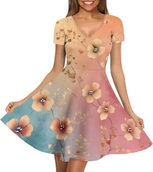 Women's Summer Dress Casual Swing Ombre Floral Dress Ruffle Short Sleeve Tank Dress Beach Mini A-Line Skirt 2025