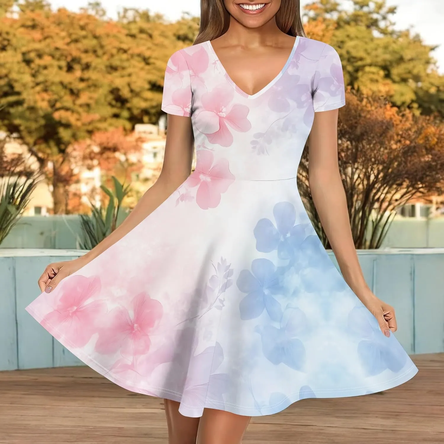 Women's Summer Dress Casual Swing Ombre Floral Dress Ruffle Short Sleeve Tank Dress Beach Mini A-Line Skirt 2025
