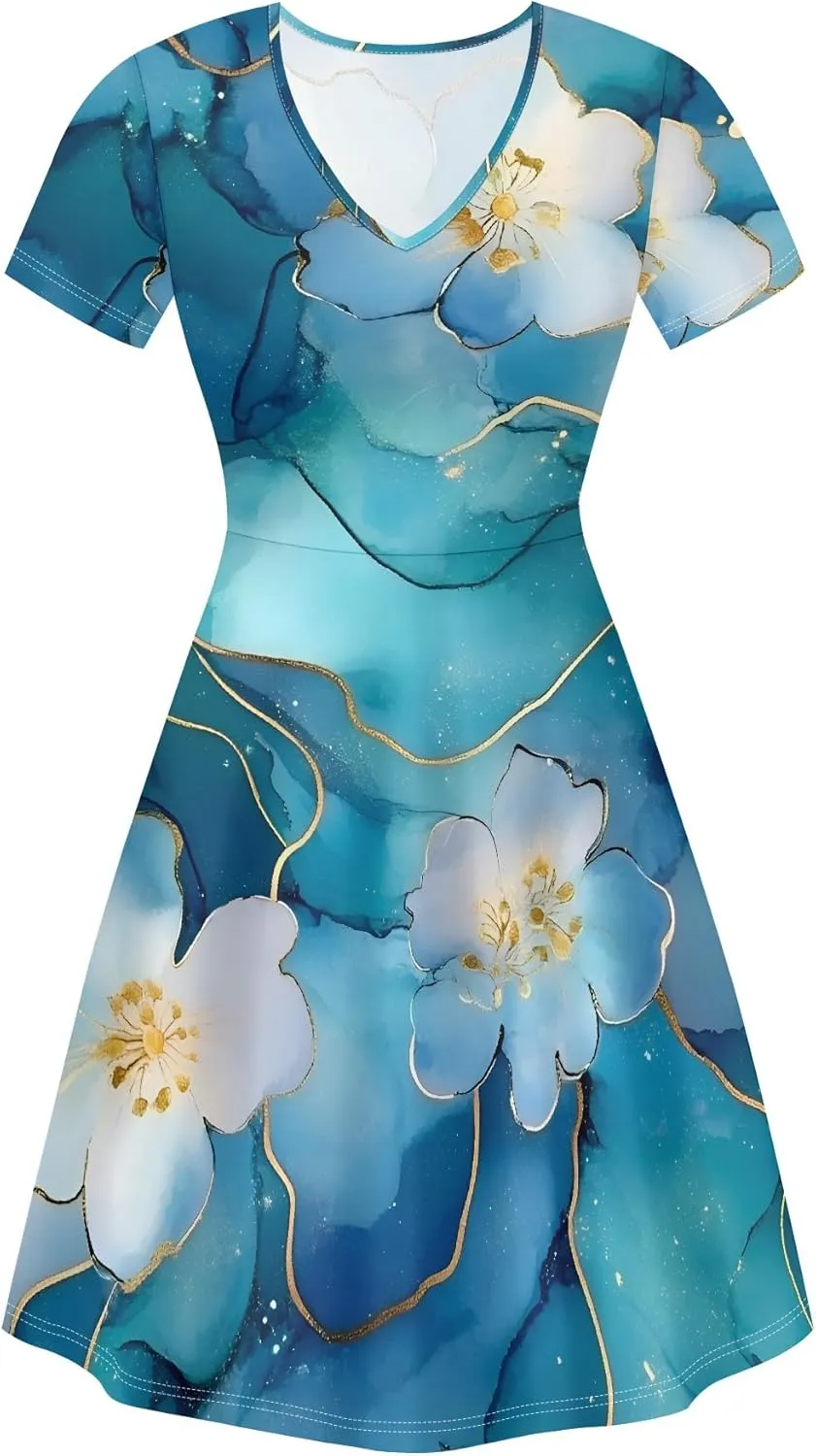 Women's Summer Dress Casual Swing Ombre Floral Dress Ruffle Short Sleeve Tank Dress Beach Mini A-Line Skirt 2025