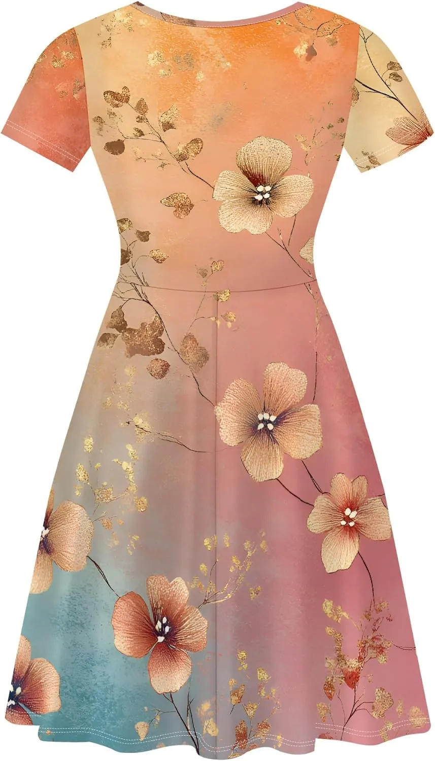 Women's Summer Dress Casual Swing Ombre Floral Dress Ruffle Short Sleeve Tank Dress Beach Mini A-Line Skirt 2025