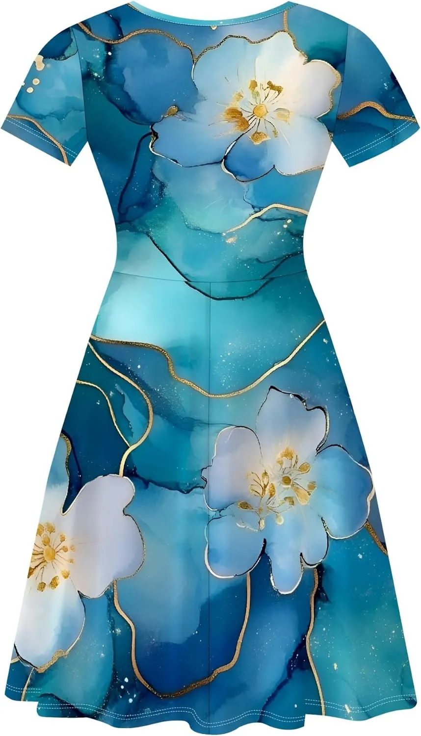 Women's Summer Dress Casual Swing Ombre Floral Dress Ruffle Short Sleeve Tank Dress Beach Mini A-Line Skirt 2025