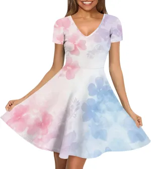 Women's Summer Dress Casual Swing Ombre Floral Dress Ruffle Short Sleeve Tank Dress Beach Mini A-Line Skirt 2025
