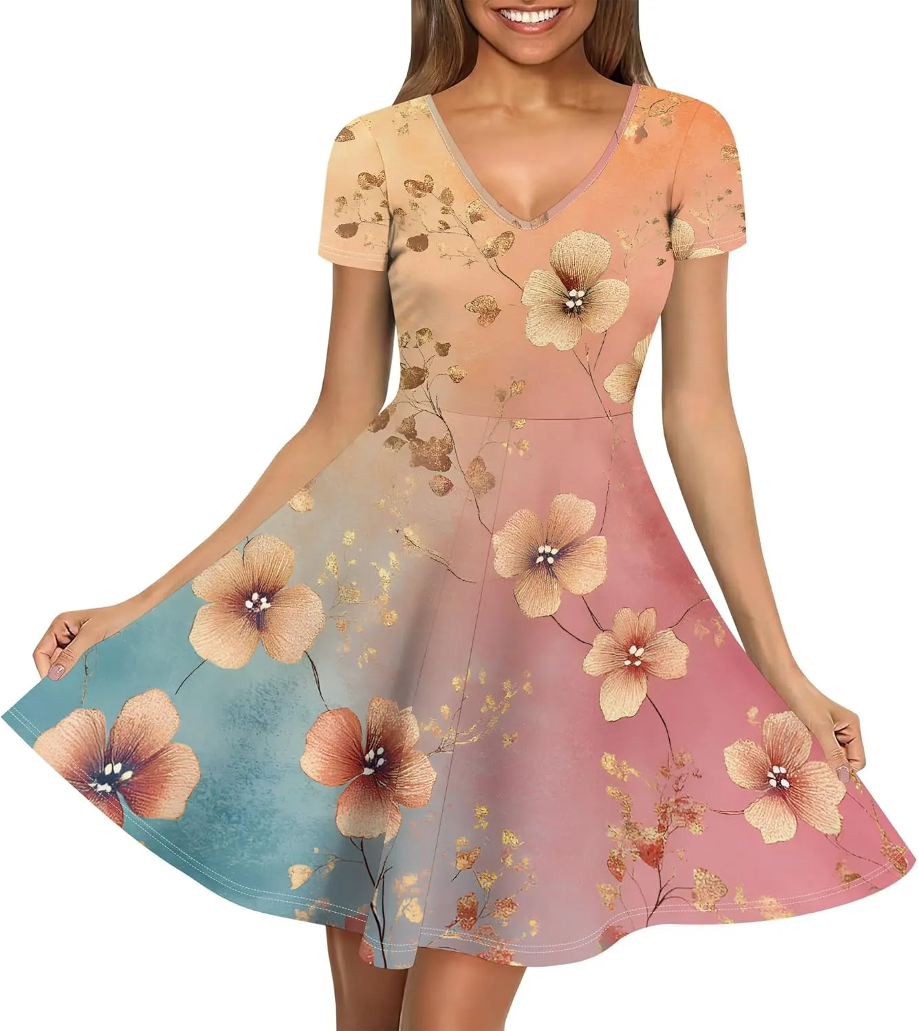 Women's Summer Dress Casual Swing Ombre Floral Dress Ruffle Short Sleeve Tank Dress Beach Mini A-Line Skirt 2025