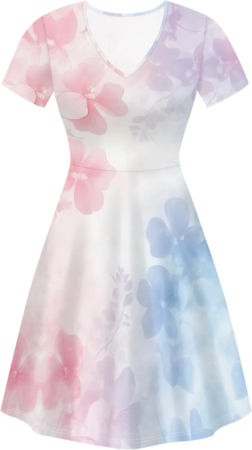 Women's Summer Dress Casual Swing Ombre Floral Dress Ruffle Short Sleeve Tank Dress Beach Mini A-Line Skirt 2025
