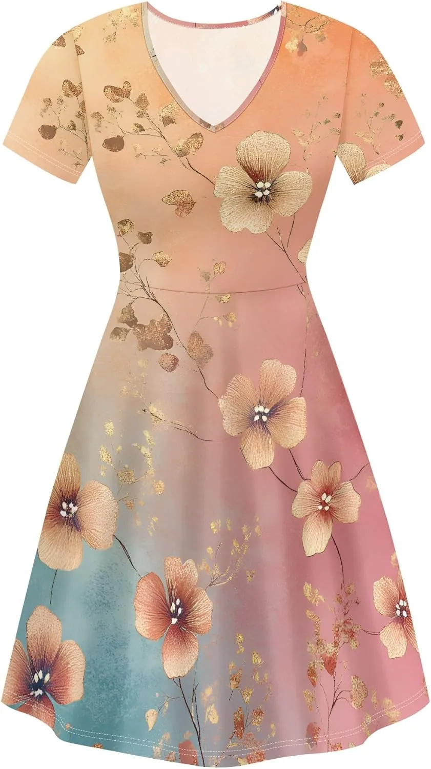 Women's Summer Dress Casual Swing Ombre Floral Dress Ruffle Short Sleeve Tank Dress Beach Mini A-Line Skirt 2025
