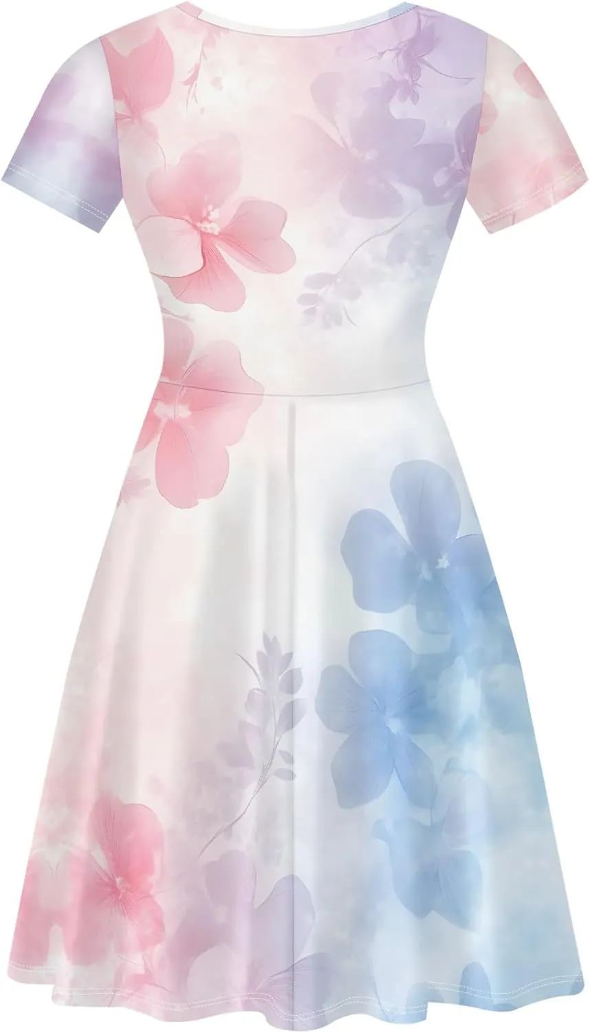 Women's Summer Dress Casual Swing Ombre Floral Dress Ruffle Short Sleeve Tank Dress Beach Mini A-Line Skirt 2025
