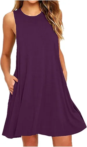 Womens Summer Dresses 2024 Casual Solid Color Sleeveless Sun Dresses Ladies Loose Fit Crewneck Swing Dress