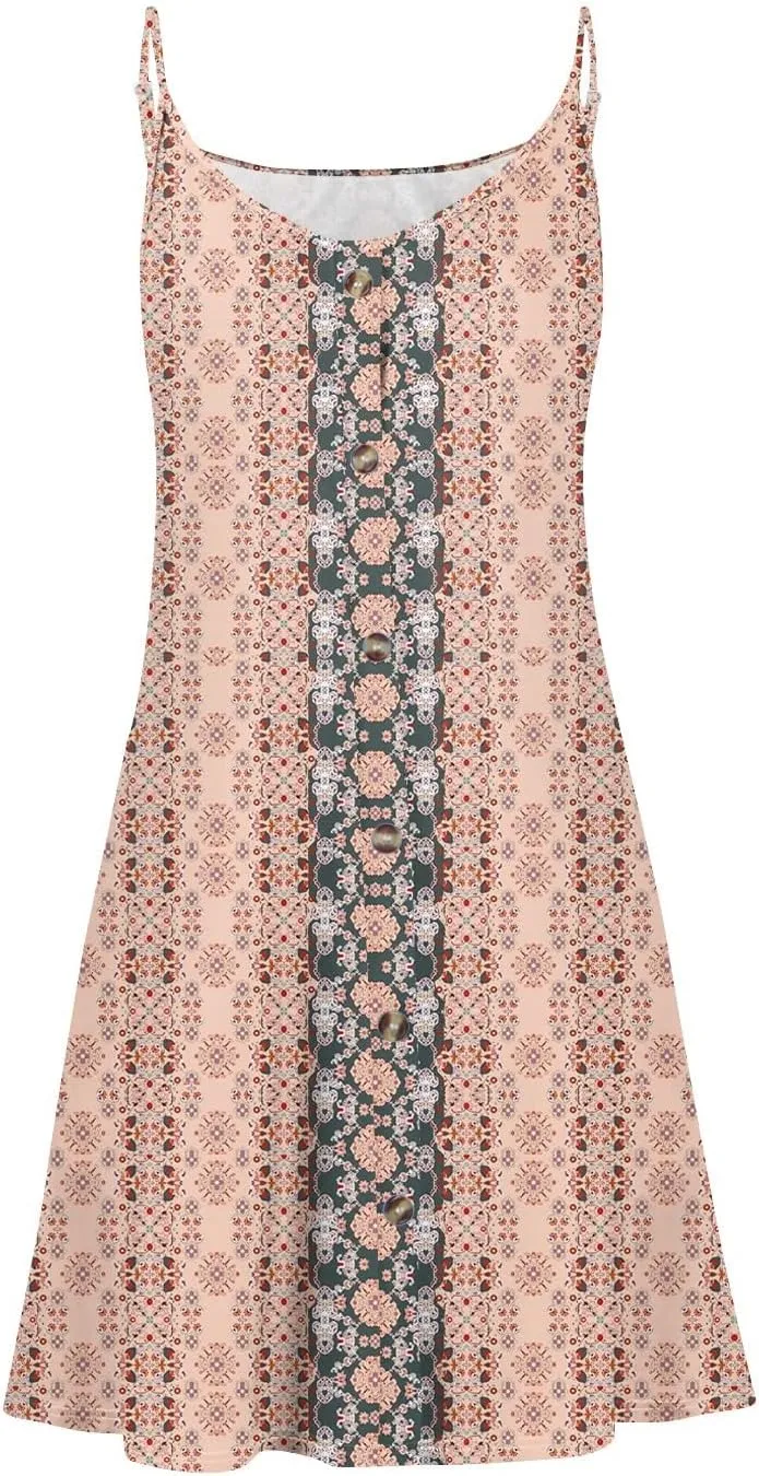 Womens Summer Dresses Flowy Beach Sundresses Button Floral Sleeveless Beach Cover Up Spaghetti Strap Casual Mini Dress