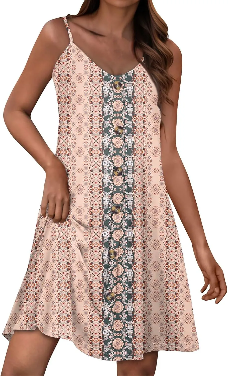 Womens Summer Dresses Flowy Beach Sundresses Button Floral Sleeveless Beach Cover Up Spaghetti Strap Casual Mini Dress