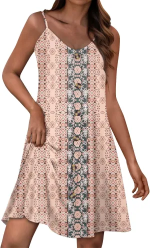 Womens Summer Dresses Flowy Beach Sundresses Button Floral Sleeveless Beach Cover Up Spaghetti Strap Casual Mini Dress