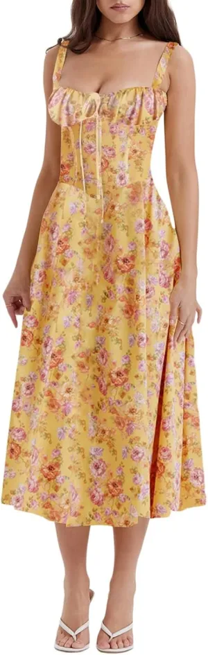 Womens Summer Floral Dresses 2024 Casual Midi Sun Dress Sexy Slip Dress Trendy Summer Beach Vacation Outfits