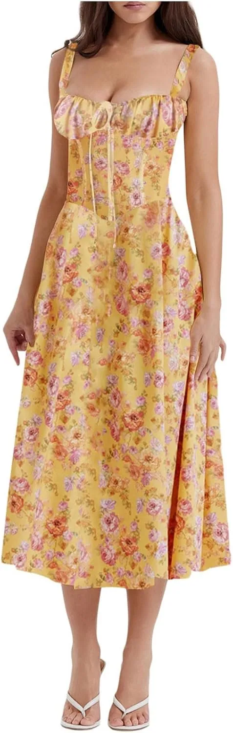 Womens Summer Floral Dresses 2024 Casual Midi Sun Dress Sexy Slip Dress Trendy Summer Beach Vacation Outfits