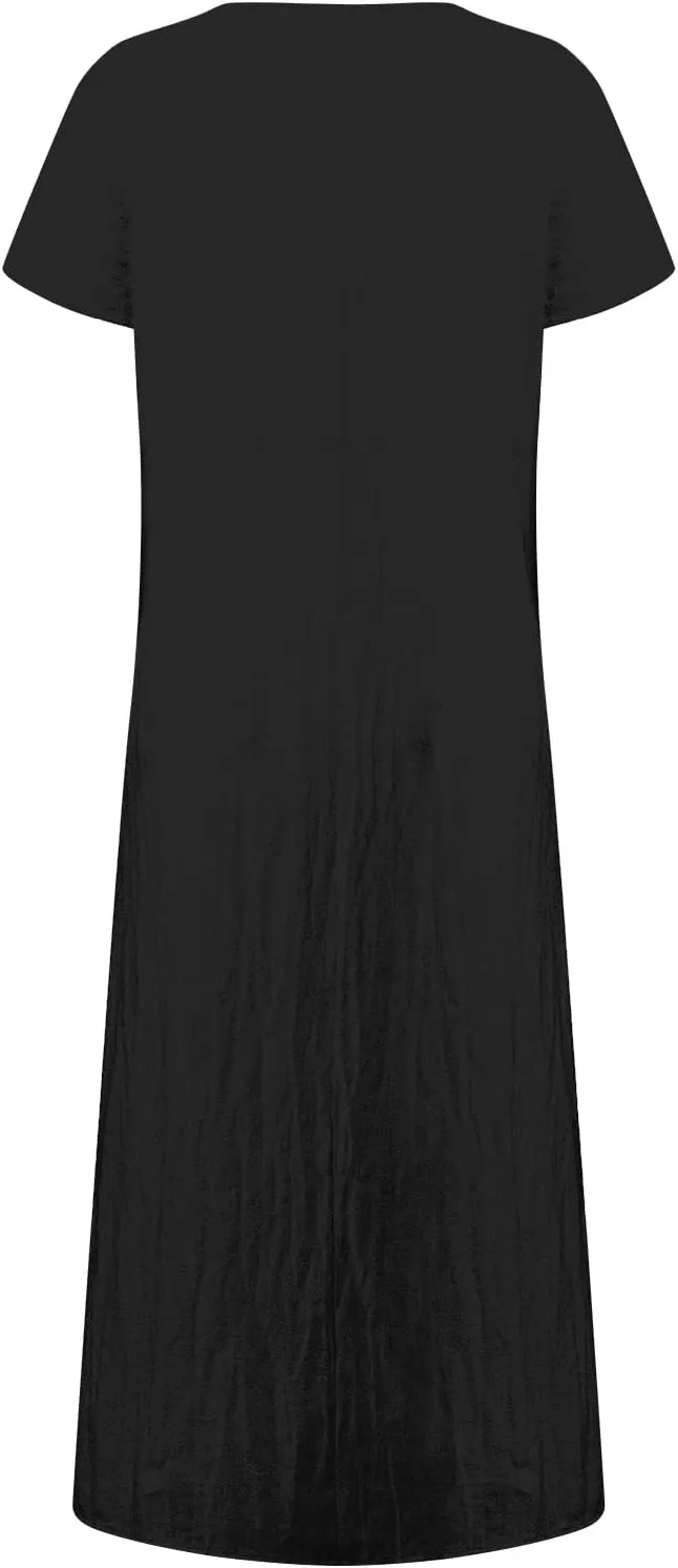 Womens Summer Midi Dresses Casual Short Sleeve A-Line Cotton Linen Dress Flowly Beach Tunic Sundresses with Pockets