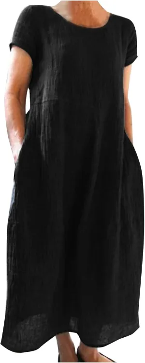 Womens Summer Midi Dresses Casual Short Sleeve A-Line Cotton Linen Dress Flowly Beach Tunic Sundresses with Pockets