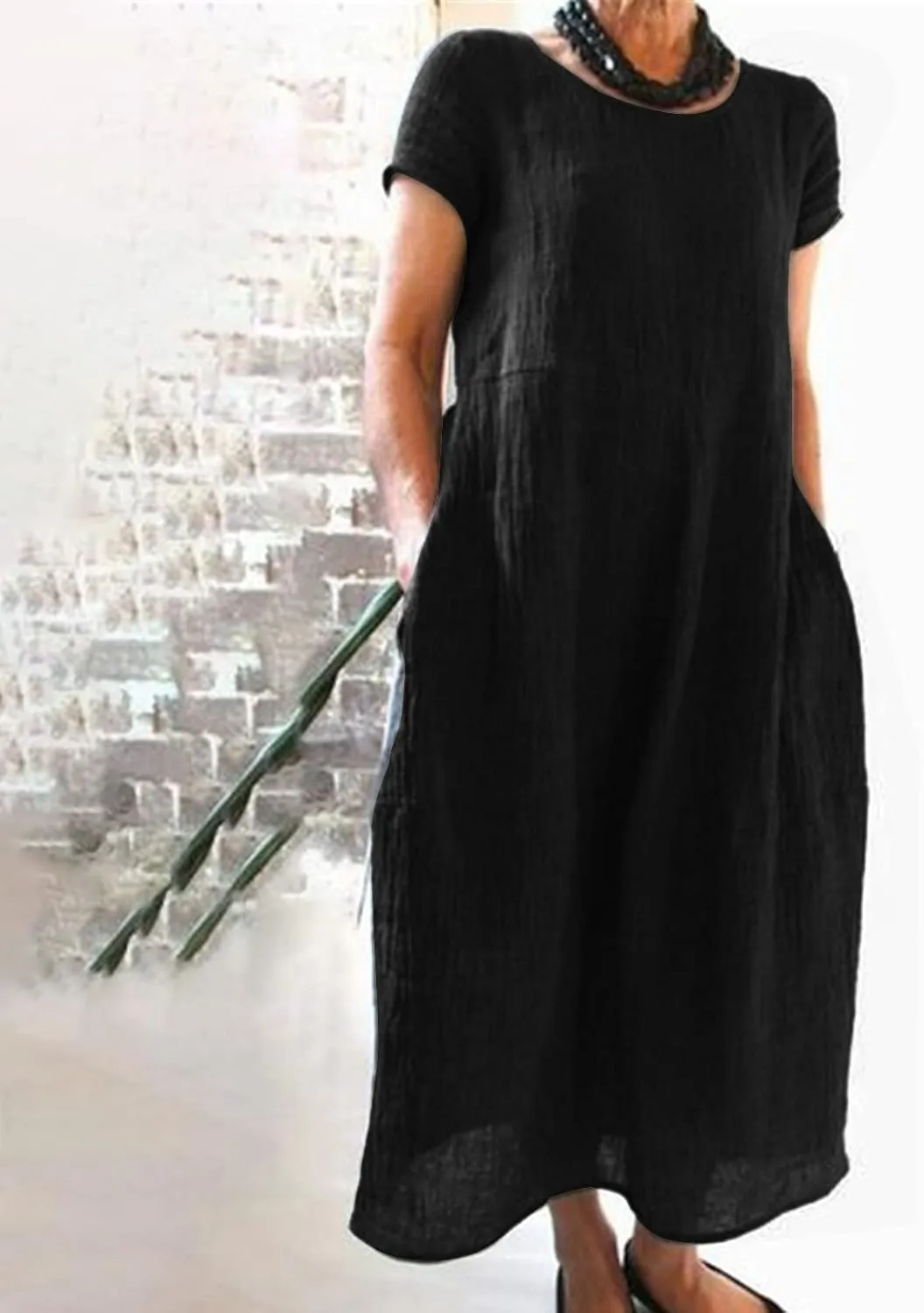 Womens Summer Midi Dresses Casual Short Sleeve A-Line Cotton Linen Dress Flowly Beach Tunic Sundresses with Pockets