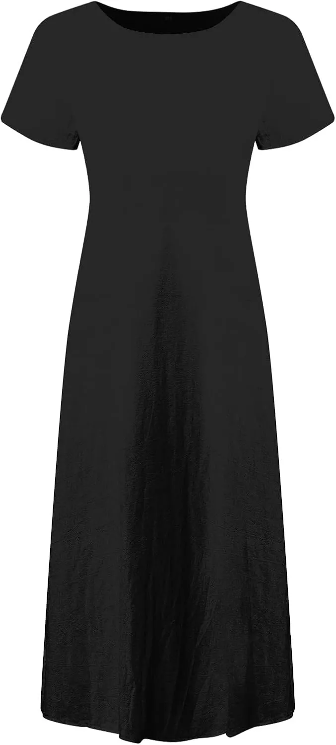 Womens Summer Midi Dresses Casual Short Sleeve A-Line Cotton Linen Dress Flowly Beach Tunic Sundresses with Pockets
