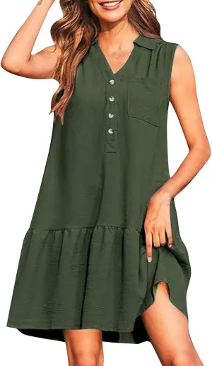 Womens Summer Mini Dresses Sleeveless Button V Neck Ruffle Flowy Tiered Boho Dress Casual Beach Vacation Sundress