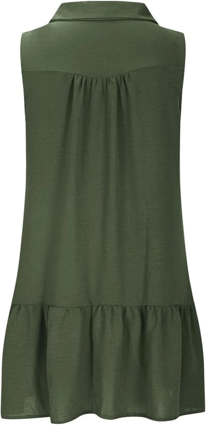 Womens Summer Mini Dresses Sleeveless Button V Neck Ruffle Flowy Tiered Boho Dress Casual Beach Vacation Sundress