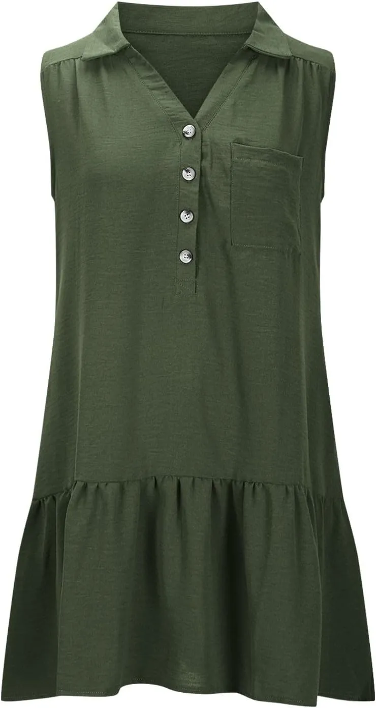 Womens Summer Mini Dresses Sleeveless Button V Neck Ruffle Flowy Tiered Boho Dress Casual Beach Vacation Sundress