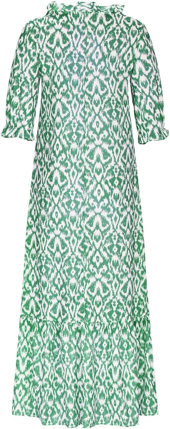 Women's Summer Ruffle Maxi Dresses Trendy Floral A-Line Swing Dress Casual 3/4 Sleeve V Neck Flowy Boho Long Dress