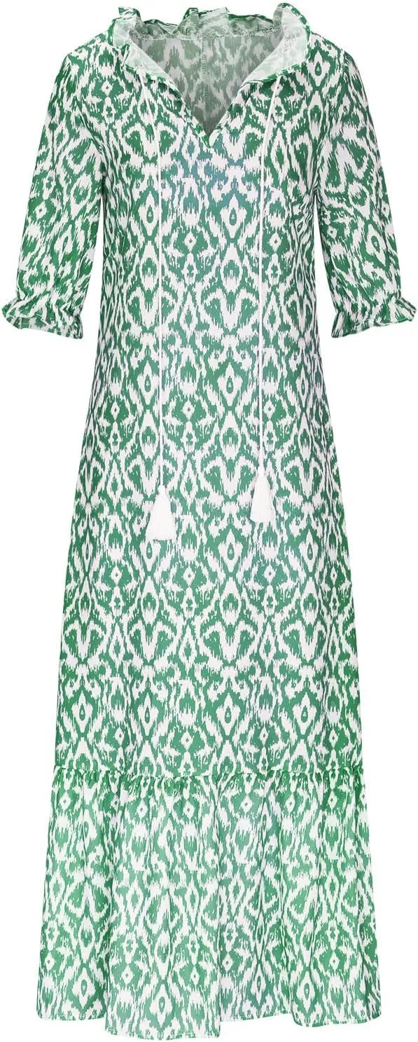 Women's Summer Ruffle Maxi Dresses Trendy Floral A-Line Swing Dress Casual 3/4 Sleeve V Neck Flowy Boho Long Dress