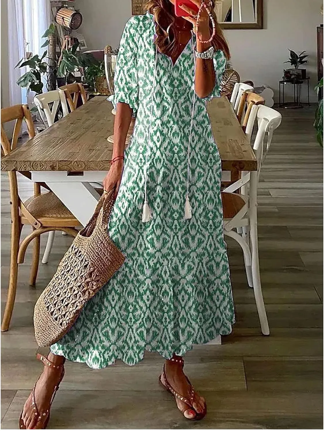 Women's Summer Ruffle Maxi Dresses Trendy Floral A-Line Swing Dress Casual 3/4 Sleeve V Neck Flowy Boho Long Dress